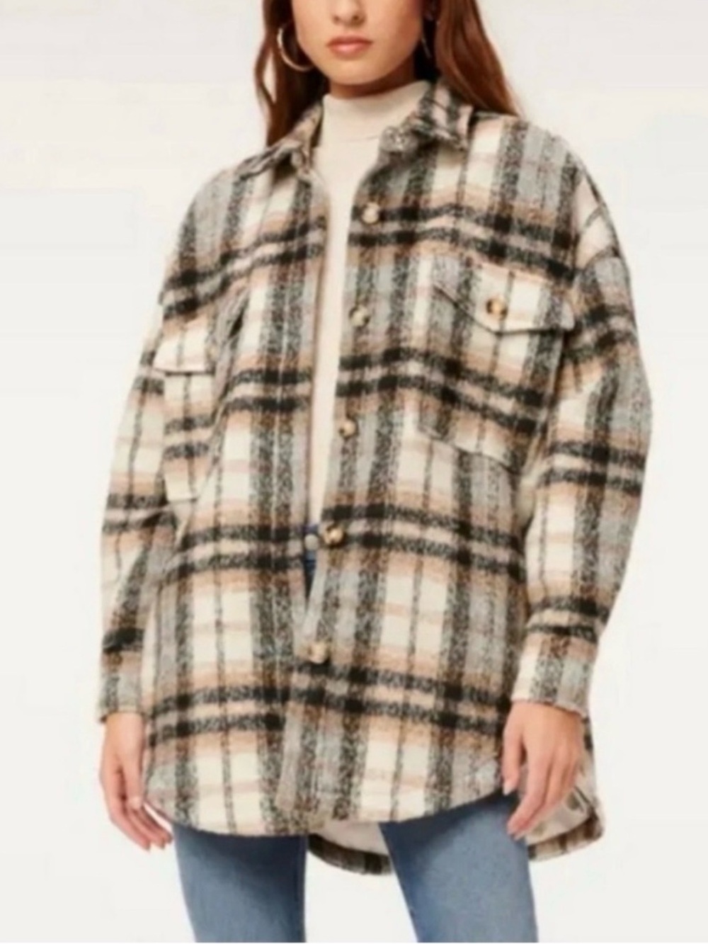 Good American Natural Plaid Shacket Wool Blend Size 3/4 L/XL